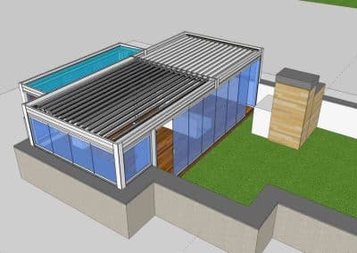 INFOGRAFIA DISEÑO PÉRGOLA BIOCLIMÁTICA CORTINA CRISTAL TECHO FIJO ÁTICO VALDEBEBAS MADRID