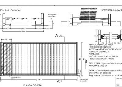 PLANO TÉCNICO DISEÑO PÉRGOLA BIOCLIMÁTICA RETRÁCTIL MOTORIZADA CON CORTINA DE CRISTAL EN UNA TERRAZA DE GETAFE MADRID